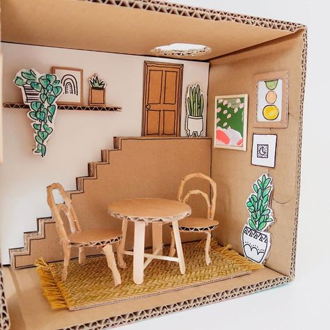 Cardboard Doll House Diy, Homemade Dollhouse, Dollhouse Dining Room, Cardboard Dollhouse, House Dining Room, Doll House Crafts, Cardboard House, Miniature Rooms, Box Houses