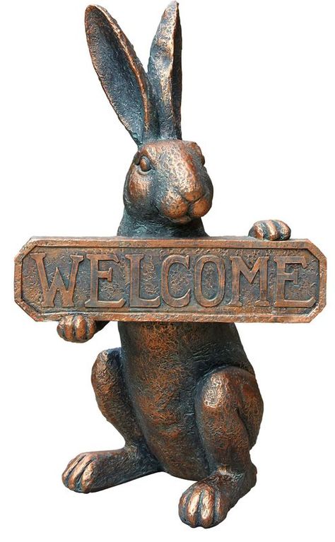 Res Rabbit with Welcome Sign Figurine Bunny Garden, Bunny Statue, Rabbit Sculpture, Rabbit Decor, Woodland Friends, Rabbit Art, Flower Landscape, Bunny Art, Garden Statue