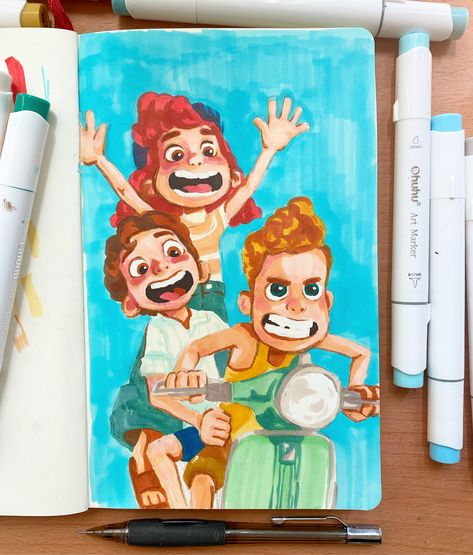 Cartoon Marker Art, Watercolor Cartoon Art, Color Marker Drawing, Illustration Marker Art, Disney Sketchbook, Cute Crayon Drawings, Color Pencil Character, Drawings With Ohuhu Markers, Ohuhu Marker Art