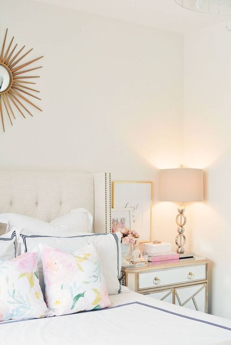 Amazing Mirrors, Nightstand Round, Feminine Bedroom Decor, Spring Bedroom Decor, Mirrors Design, Bedroom Mirrors, Floral Wallpaper Bedroom, Pink Bedroom For Girls, Spring Bedroom