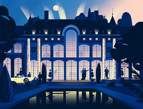 the lighting in this image presents the partying be in the dark night of the moon along with the rays of lights to be the lighting of a party taking place. Great Gatsby Painting, Great Gatsby Illustration, Gatsby Illustration, The Great Gatsby Aesthetic, Great Gatsby Aesthetic, The Great Gatsby Art, Gatsby House, Behance Illustration, Dark Deco