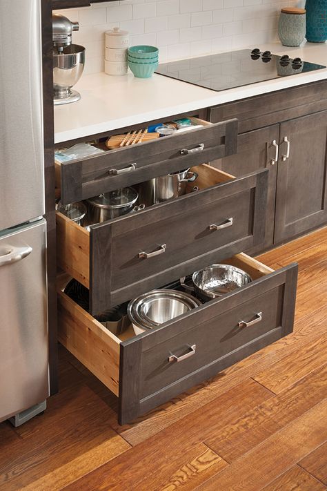 Our Three Drawer Base Cabinet easily fits your pots, pans and other large items. Remodeling House, Kitchen Base Cabinets, Desain Pantry, Best Kitchen Cabinets, Kitchen Organizers, Kitchen Cabinet Drawers, Decor Ikea, Small Kitchen Decor, Diy Kitchen Storage