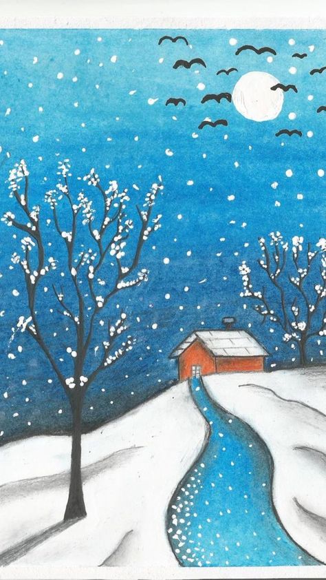 Cold Drawing Winter, Winter Season Drawing, Christmas Scene Drawing, One Perspective Drawing, Winter Drawings, Drawing Scenery, Winter Art Projects, Christmas Landscape, Scene Drawing