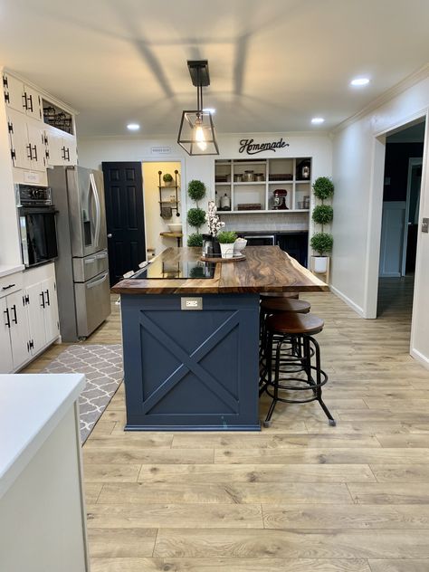 Butcher Block Island With Cooktop, Farmhouse Kitchen With Different Color Island, Butcher Kitchen Island, Kitchen Remodel Butcher Block Island, Farmhouse Kitchen Butcher Block Island, Kitchen Ideas With Butcher Block Island, Modern Farmhouse Butcher Block Island, Butcher Island Kitchen, Kitchen Ideas Industrial Farmhouse