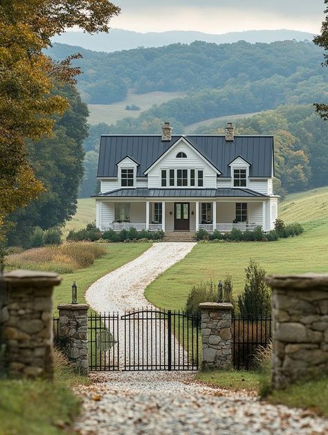 Farmhouse Vibes | Classic Farmhouse with Stone Gate 🌅🏡✨ | Facebook Farmhouse Stone Exterior, Modern Farmhouse With Stone, Stone Farmhouse Exterior, Farmhouse With Stone, Farmhouse Vibes, Cedar Pergola, Bungalow Style House Plans, Stone Exterior, Stone Farmhouse