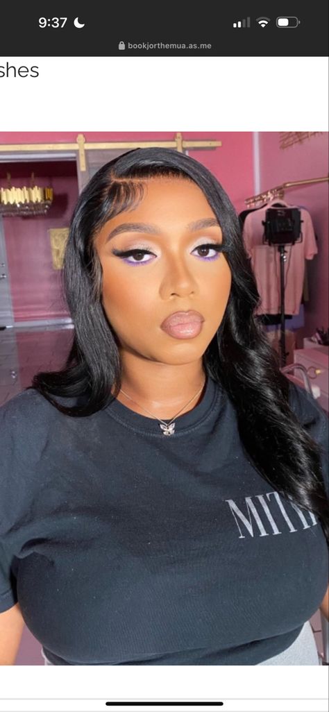 Soft Glam Makeup With Purple, Lavender Eye Makeup Black Women, Purple Makeup Looks For Black Women Prom, Makeup Prom Purple, Purple Soft Beat Makeup, Lilac Makeup Black Women, Makeup Looks For Prom Purple Dress, Homecoming Makeup Purple Dress, Purple Birthday Makeup For Black Women