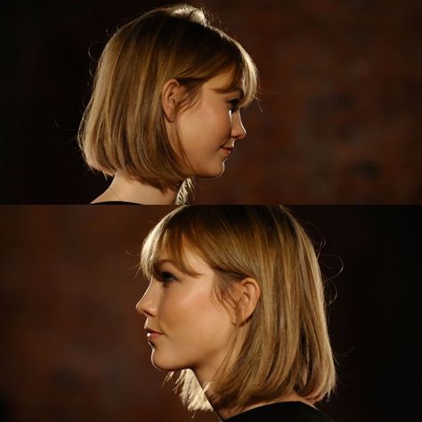 Karlie Kloss - the Karlie Cut Karlie Kloss Hair Bob, Bob Straight Hair Bangs, Karlie Kloss Bob, French Bangs Short Hair, Karlie Kloss Short Hair, Bob Haircut With Fringe, Bob And Fringe, French Bob With Fringe, Short Hair With Fringe