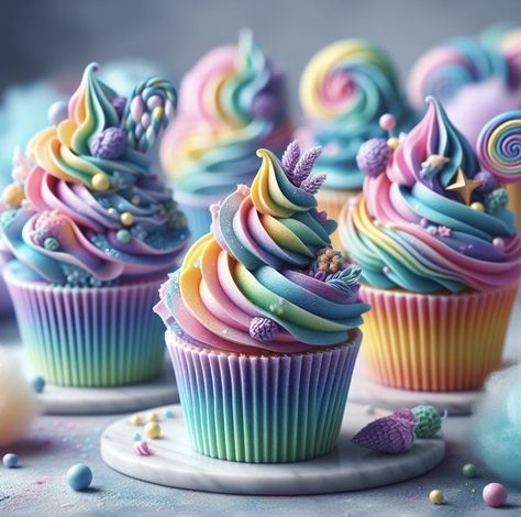 @ai.food.creations Pastel Cupcakes Aesthetic, Pastel Rainbow Desserts, Rainbow Cupcake Ideas, Pastel Color Cupcakes, Unicorn Cupcakes Ideas, Candyland Cupcakes, Magic Cupcakes, Cupcake Unicorn, Cupcake Rainbow