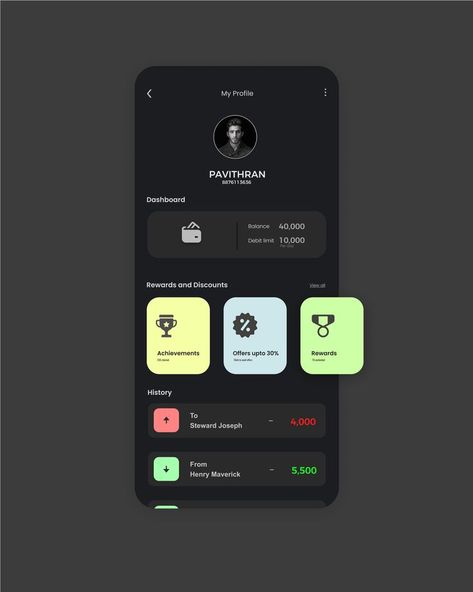 Dark App Design, Profile Screen Mobile Ui, User Profile Ui Design Mobile App, App Profile Design, Profile Ui Mobile, Profile Card Ui, User Profile Design, Profile App Ui, User Profile Ui Design