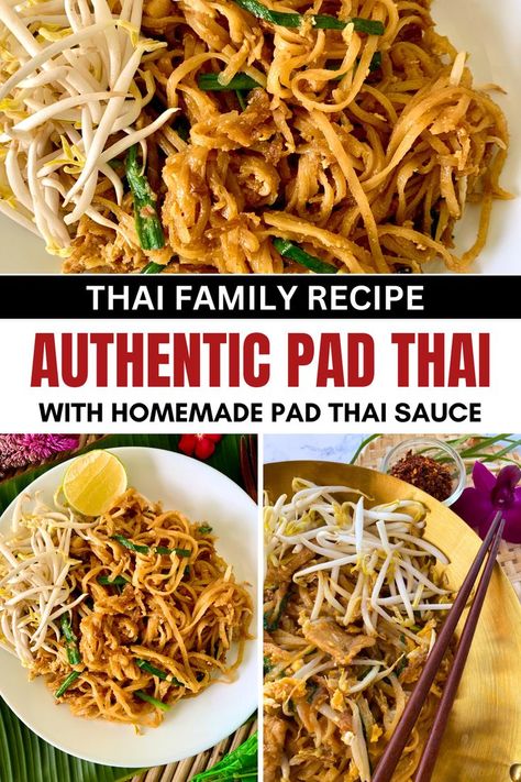 Pad Thai in a white dish and a close-up of stir-fried noodles. Homemade Pad Thai Sauce, Best Pad Thai Recipe, Pad Thai Recipe Authentic, Best Pad Thai, Chicken Pad Thai Recipe, Homemade Pad Thai, Thai Recipes Noodles, Thai Chicken Recipes, Thai Recipes Authentic