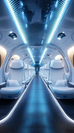 ↑↑↑ Larger size on website 🔸 The interior of a futuristic airplane cabin. The seats are white and modern, and the aisle is illumi Futuristic Airplane, Blue Lights, The Cabin, The Ceiling, Metal Mesh, Sophisticated Design, Cabin, Ceiling, Sleek