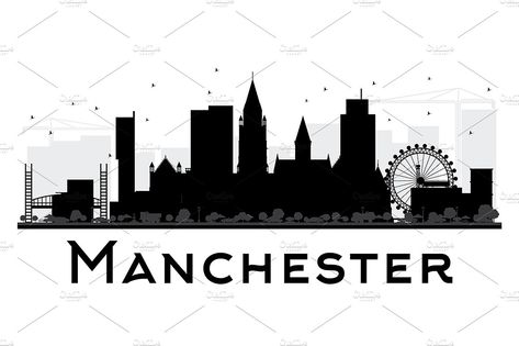 Manchester City skyline by Booblgum on @creativemarket Sunflowers Tattoos, City Skyline Black And White, Manchester Skyline, Person Illustration, Black And White Silhouette, Narrow House Designs, City Skyline Silhouette, City Sketch, Skyline Silhouette