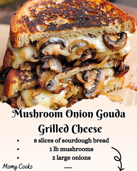 Momy Cooks Grilled Cheese With Gouda Roasted Mushrooms And Onions, Gouda Burger Recipe, Mushroom Onion Gouda Grilled Cheese, Gouda Grilled Cheese, Sprout Sandwich, Lunch Stuff, Dinner For 1, Pizza Nachos, Sandwiches Grilled