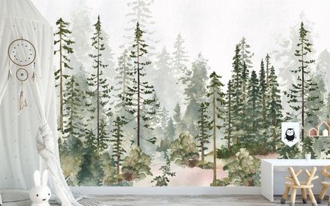 Owl Nursery Decor, Pine Tree Forest, Pine Trees Forest, Forest Wall Mural, Tree Decals, Nursery Decals, Forest Wallpaper, Watercolor Walls, Tree Forest