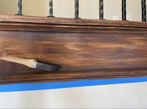 Wooden Stair Railing, Painting Fake Wood, Mdf Trim, Faux Wood Paint, Dark Wood Trim, Dark Brown Furniture, Brown Paint Colors, Stained Trim, Fake Wood