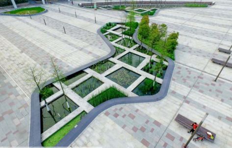 Kunshan Cultural Plaza. Source: CRC Water Sensitive Cities Sponge City Concept, Water Sensitive Urban Design, Sponge City, Stormwater Management, City Center, Water And Sanitation, Water Management, Rain Garden, Urban Fabric