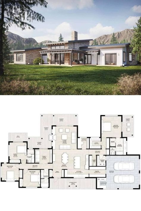 A house plan for 4 bedroom contemporary style home. Above the floor plan is the gorgeous modern façade of the 4-bedroom house. Small Contemporary House Plans, Single Story House Floor Plans, Side Entry Garage, 4 Bedroom House Designs, Modern House Floor Plans, Unique Floor Plans, Mansion Floor Plan, Garage Floor Plans, Single Story Homes