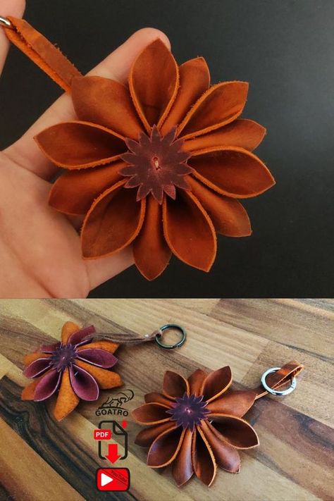 Leather Applique Ideas, Leather Flower Pattern, Leather Art Handmade, Beginner Leather Projects, Easy Leather Projects, Leather Products Ideas, Leather Projects Ideas, Diy Leather Ornaments, Leather Craft Ideas