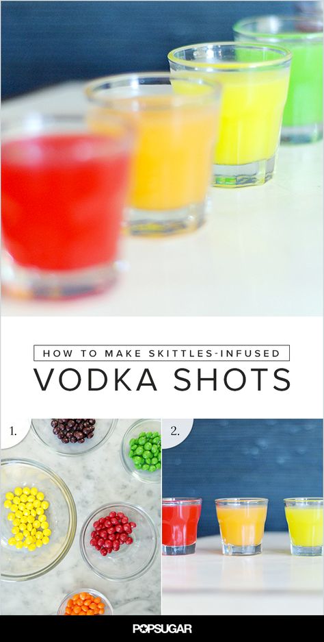 Taste the Rainbow with Skittles-Infused Vodka Shots Skittle Shots Recipe, Skittles Shots Recipe, Skittles Jello Shots, Colorful Shots Alcohol, Skittles Shot, Skittle Vodka, Apple Pie Moonshine Drinks, Skittles Vodka, Rainbow Shots