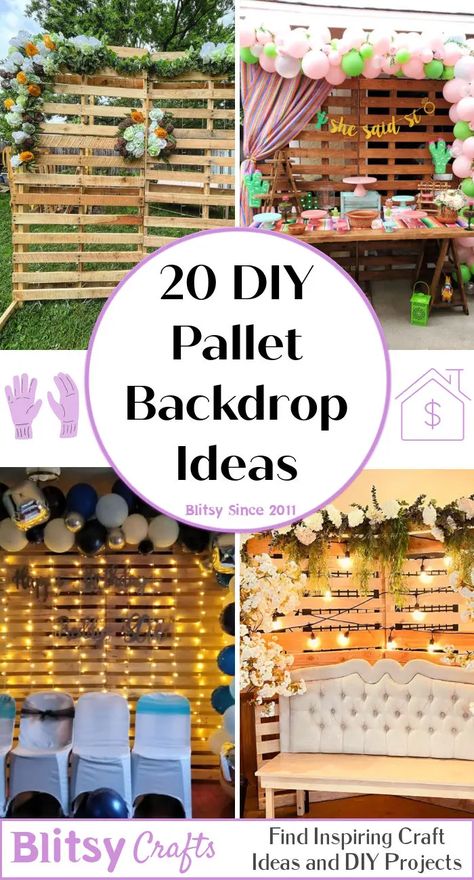 20 Wood Pallet Backdrop Ideas To Get Rustic Appeal - Blitsy Pallet Backdrop Ideas, How To Make A Pallet Wall, Wood Pallet Decor Ideas, Diy Pallet Wall Ideas, Backdrop With Pallets, Palette Backdrop Diy, Skid Backdrop Wedding, Wood Pallet Party Decorations, Pallet Back Drops