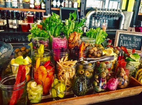 Bloody Mary Bar Ceaser Bar Wedding, Cesar Bar, Cesar Bar Ideas, Caesar Bar Wedding, Caesar Bar, Blood Mary, Brunch Bar, Mimosa Bar, Food Stations