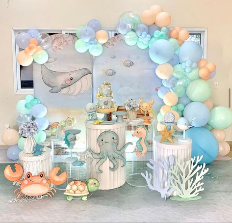 Ocean Theme Baby Shower Ideas, Baby Shower Sea Theme, Sea Themed Baby Shower Ideas, Under The Sea Birthday Party Decorations, Under The Sea Baby Shower Ideas, Ocean Birthday Theme, Ocean Theme Birthday Party, Ocean Party Decorations, Sea Birthday Party Decorations