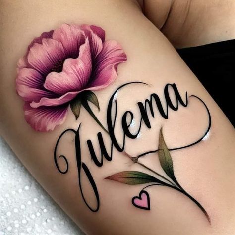 Names And Flowers Tattoos, Daughters Name Tattoo Ideas Mothers, Pink Flower Tattoo, Daughters Name Tattoo, Name Flower Tattoo, Pink Flower Tattoos, Shoulder Sleeve Tattoos, Girls Tattoo, Butterfly Tattoos For Women