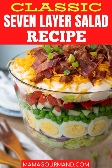 Classica Seven Layer Salad recipe layers an ultra creamy dressing with lettuce, peas, cheese, eggs, and bacon. Layer salad can be made ahead, refrigerated overnight, and is ready to serve for a crowd or party! #7layer #overnight #recipe #best #easy #classic Layered Lettuce Salad With Peas, Seven Layer Salad Recipe, 7 Layer Salad Recipe, Overnight Salad, 7 Layer Salad, Summer Pasta Salad Recipes, Layer Salad, Seven Layer Salad, Layered Salad Recipes