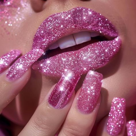 Lipsticks Aesthetic, Pink Glittery Nails, Pink Glitter Aesthetic, Glittery Lips, Pink Platform Shoes, Glittery Makeup, Daisy Acrylic Nails, Cute Lipstick, Lip Wallpaper