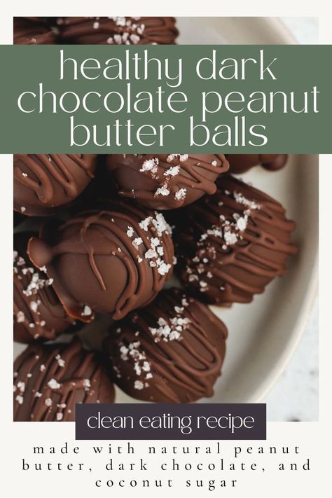 Dark chocolate peanut butter balls sprinkles with sea salt on a plate. Peanut Butter Desserts Healthy, Chocolate Covered Peanut Butter Balls, Dessert Balls, Healthy Peanut Butter Balls, Peanut Butter Dessert, Healthy Dark Chocolate, No Bake Recipe, Peanut Butter Balls Recipe, Gluten Free Holiday