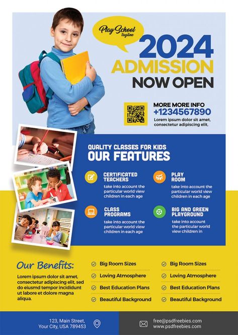 Download Free School Admission Open AD Flyer PSD. This School Admission Open AD Flyer PSD is perfect for a promote school admission year announcement or advertising facilities, activities, classes or learning programs at a junior senior school. You can insert your own school Logo, images, and text using Adobe Photoshop. This Freebie download contains PSD file, which Download Free School Admission Open AD Flyer PSD. Struktur Teks, School Advertising, School Brochure, Admissions Poster, Teachers Room, Education Banner, Education Poster Design, Flyers Design, Advertisement Template