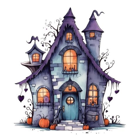 Painting A Haunted House, Halloween Town Drawings, Haunted House Clip Art, Haunted House Doodle, Halloween House Drawing, Spooky House Drawing, Halloween Drawings Cute, Cartoon Haunted House, Haunted House Painting