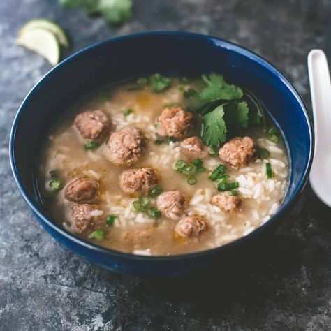 Thai Rice and Meatball Soup | Inquiring Chef Jasmine Rice Soup, Thai Rice Soup, Khao Tom, Thai Jasmine Rice, Asian Chicken Meatballs, Tender Meatballs, Cozy Soup, Thai Rice, Tasty Thai