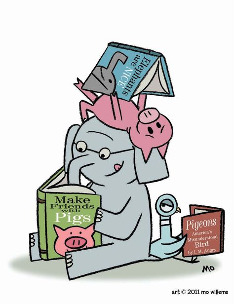 Piggie, Gerald, and the Pigeon - a bunch that loves to read! Elephant And Piggie, Library Posters, Reading Posters, Mo Willems, Elementary Library, Author Studies, Library Lessons, Library Displays, Classroom Library