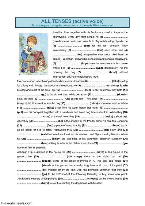 Verb tenses interactive and downloadable worksheet. You can do the exercises online or download the worksheet as pdf. Tenses Worksheet Class 6, All Tenses Worksheet, Verb Tenses Exercises, Tenses Worksheet, Tenses Exercises, All Verbs, English Tenses, All Tenses, Reading Comprehension For Kids