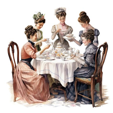 Premium Photo | Watercolor vintage Victorian tea party clipart white background Tea Party Ladies, Victorian Tea Party Aesthetic, Tea Party Illustration, Cookbook Scrapbook, Tea Party Art, Tea Invite, Tea Party Clipart, Tea Drawing, Tea Time Illustration