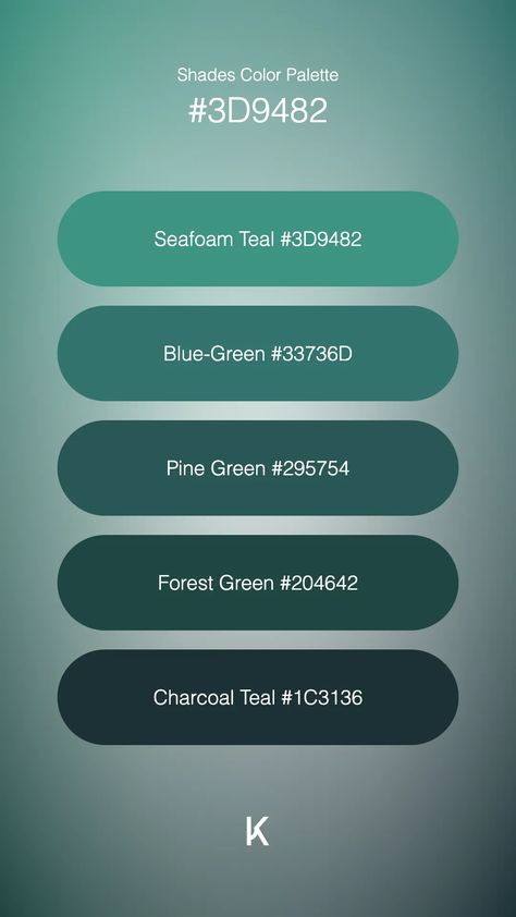 Shades Color Palette Seafoam Teal #3D9482 · Blue-Green #33736D · Pine Green #295754 · Forest Green #204642 · Charcoal Teal #1C3136 Blue Colour Pallete, Colour Pallets, Hex Color Palette, Ocean Mist, Aqua Mint, Pine Green, Hex Colors, Color Pallets, Sea Foam