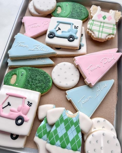 Golf Gender Reveal Party Ideas, Golf Gender Reveal Cookies, Golf Gender Reveal Food, Golf Gender Reveal Ideas, Golf Gender Reveal Decorations, Golf Baby Shower Cookies, Putters Or Pearls Gender Reveal, Golf Theme Gender Reveal Cookies, Golf Gender Reveal Party