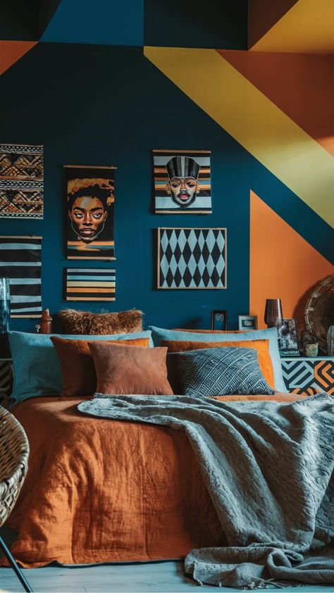 Discover the beauty of Afrocentric bedroom decor with these inspiring ideas. Embrace vibrant colors, bold patterns, and cultural motifs to create a cozy and stylish space that reflects your heritage. From traditional African textiles to handcrafted furniture, infuse your bedroom with elements that celebrate African culture in a modern way. Whether you're going for a bold statement or subtle accents, incorporating Afrocentric design touches can transform your bedroom into a unique retreat that sp Split Complementary Interior Design, Complementary Interior Design, African Inspired Bedroom, Afrocentric Bedroom, Complementary Interior, African Bedroom, Afro Boho, Afrocentric Decor, Blue Painted Walls