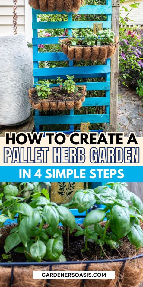 Diy Vertical Herb Garden, Window Box Herb Garden, Pallet Blue, Herb Garden Outdoor, Pallet Herb Garden, Herb Garden Pallet, Container Herb Garden, Outdoor Herb Garden, Deck Makeover