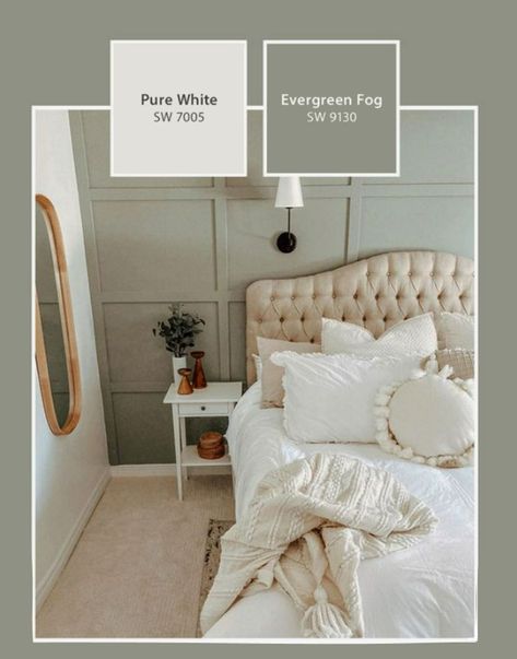 Evergreen Fog SW 9130 on an accent wall and Pure White SW 7005 on the adjacent walls and ceiling Accent Wall Colors Bedroom, Bedroom Paint Color Inspiration, Relaxing Bedroom Colors, Evergreen Fog, Bedroom Paint Colors Master, Accent Wall Colors, Paint Color Inspiration, Bedroom Wall Colors, Master Room