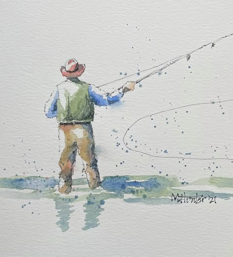 Funny Animal Watercolor Paintings, Fly Fishing Watercolor Paintings, Watercolour Fishing, Fishing Watercolor Easy, Fishing Sketch Drawing, Man Fishing Painting, Fly Fishing Watercolor, Watercolor Fishing, Masculine Painting Ideas