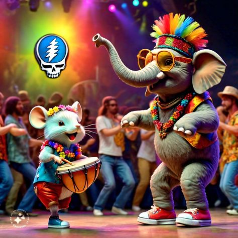 Meta.AI - a fun image with the prompt "A large mouse and a small elephant dancing to the music of the grateful dead while a crowd watches" #AI #metaAI #gratefuldead #dead Fun Image, The Grateful Dead, Small Elephant, Grateful Dead, Amusement Park, Dancing, Elephant, Music, Quick Saves