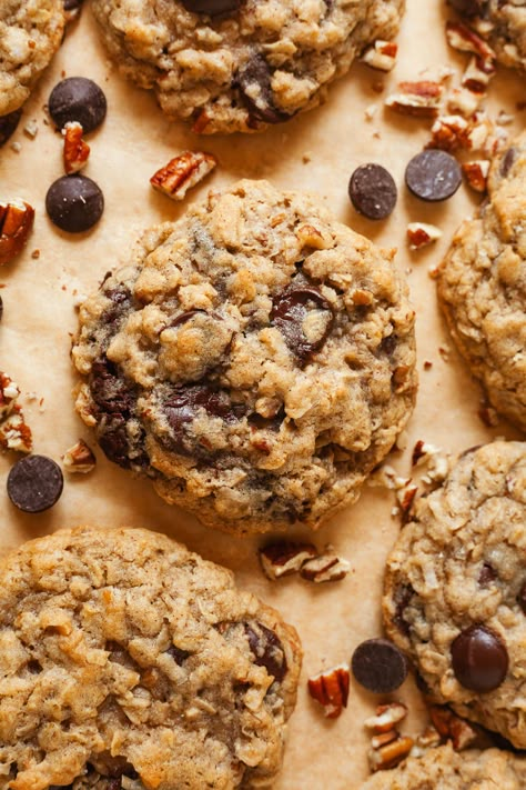 Coconut oatmeal chocolate chip cookies are sweet, chewy, and full of texture! Your favorite oatmeal chocolate chip cookie gets an upgrade with plenty of sweetened, shredded coconut. Oat Cookies Chocolate Chip, Coconut Oil Oatmeal Chocolate Chip Cookies, Oatmeal Chocolate Chip Nut Cookies, Gourmet Oatmeal Cookies, Choc Chip Oatmeal Cookies Recipes, Oatmeal Chocolate Chip Cookie Recipe Healthy, Oatmeal Chocolate Chip Cookies Healthy, Oat Coconut Cookies, Coconut Sugar Chocolate Chip Cookies