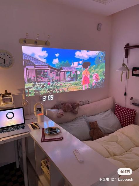 Room Ideas Aesthetic With Projector, Aesthetic Bedroom With Projector, Bedroom With Projector Screen Aesthetic, Aesthetic Room With Projector, Aesthetic Room Projector, Small Room Projector Setup, Kdrama Bedroom Aesthetic, Room Inspo Projector, Bedroom Ideas With Projector