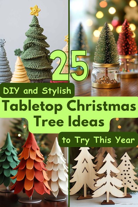 Get inspired by these fun and easy Tabletop Christmas Tree Ideas that you can make or buy to brighten up your home this holiday season. #ChristmasDecor #TabletopChristmasTree #HolidayIdeas #DIYChristmas #FestiveDecor Tabletop Christmas Tree Ideas Diy, Tabletop Christmas Tree Ideas, Mini Christmas Tree Diy, Tabletop Christmas Trees, Button Tree, Light Up Tree, Ribbon Tree, Crochet Tree, Cone Trees