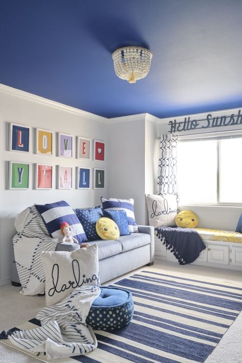 Playroom Guest Room Combo, Bedroom Alternative, Striped Accent Wall, Grandkids Room, Bold Paint Colors, Room Focal Point, Colorful Playroom, Dark Paint Colors, Choosing Paint Colours