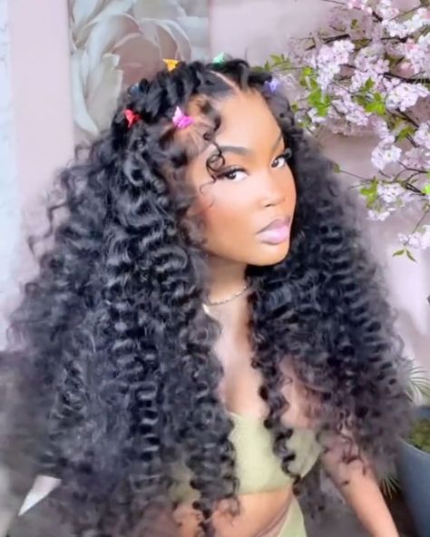 Afro With Butterflies, Butterfly Clips Hairstyles Black Women, Curly Hair With Butterfly Clips, Butterfly Crown Braid On Wig, Butterfly Clips In Hair, Butterfly Braids With Curls, Butterfly Cornrow Braids, Butterfly Wig, Butterfly Braid With Weave