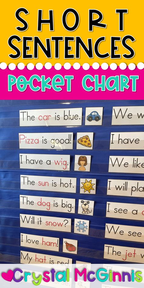 If you are looking to add to your pocket chart centers, try this simple sentence pocket chart. Students read the simple sentences, and then find the picture that matches the topic of the sentence. They place that picture beside the sentence in the pocket chart. This is perfect for 3rd and 4th quarter of kindergarten, as students are beginning to read basic sight words and text at that point in the school year. Build Sentences Kindergarten, Sentence Matching To Picture, Simple Sentences Anchor Chart, Sentence Activities Kindergarten, Sentence Stems Kindergarten, Build A Sentence Kindergarten, Sight Words Chart Ideas, Sentence Kindergarten, Conclusion Sentence