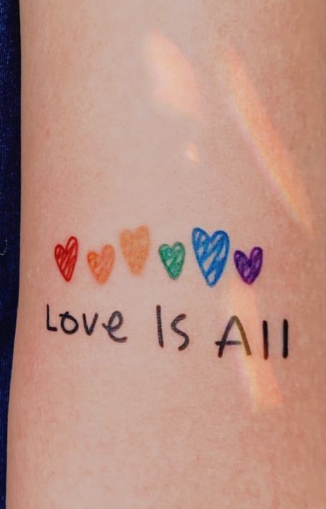 Small Rainbow Heart Tattoo, Love Is Love Tattoo Ideas, Lgbtqia Tattoo Ideas, Love Is Love Tattoo Pride, Rainbow Line Tattoo, Love Is Love Tattoo, Lgbtq Tattoos Ideas, Yet Tattoo, Ally Tattoo